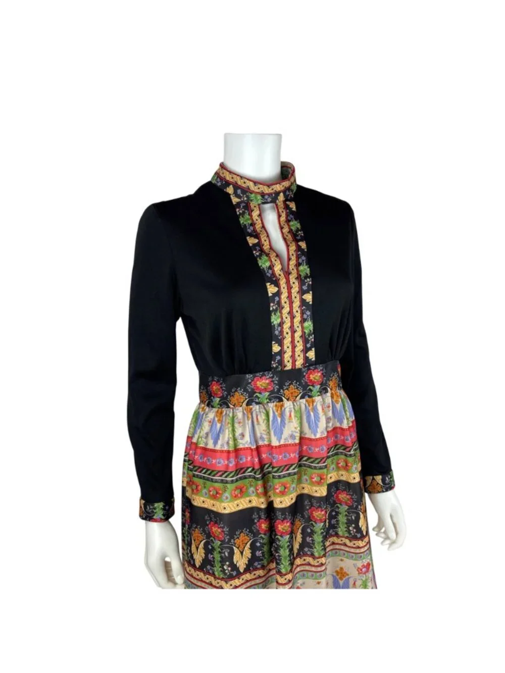 Vintage 70s Dark Floral Dress Womens Small Multi Colored Keyhole Neckline Long S - Picture 7 of 12